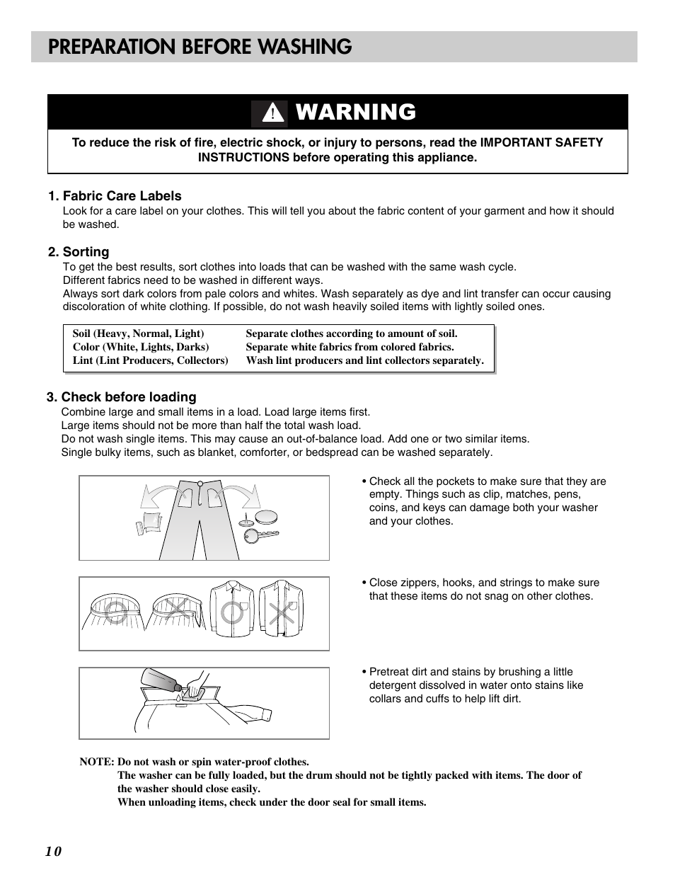 Warning, Preparation before washing | LG WM2496HSM User Manual | Page 11 / 49