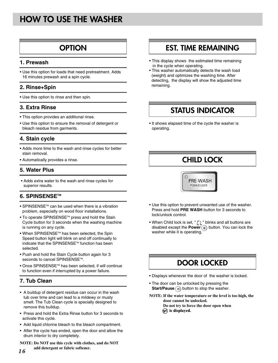 How to use the washer, Option child lock door locked, Status indicator | Est. time remaining | LG WM2496HSM User Manual | Page 17 / 49