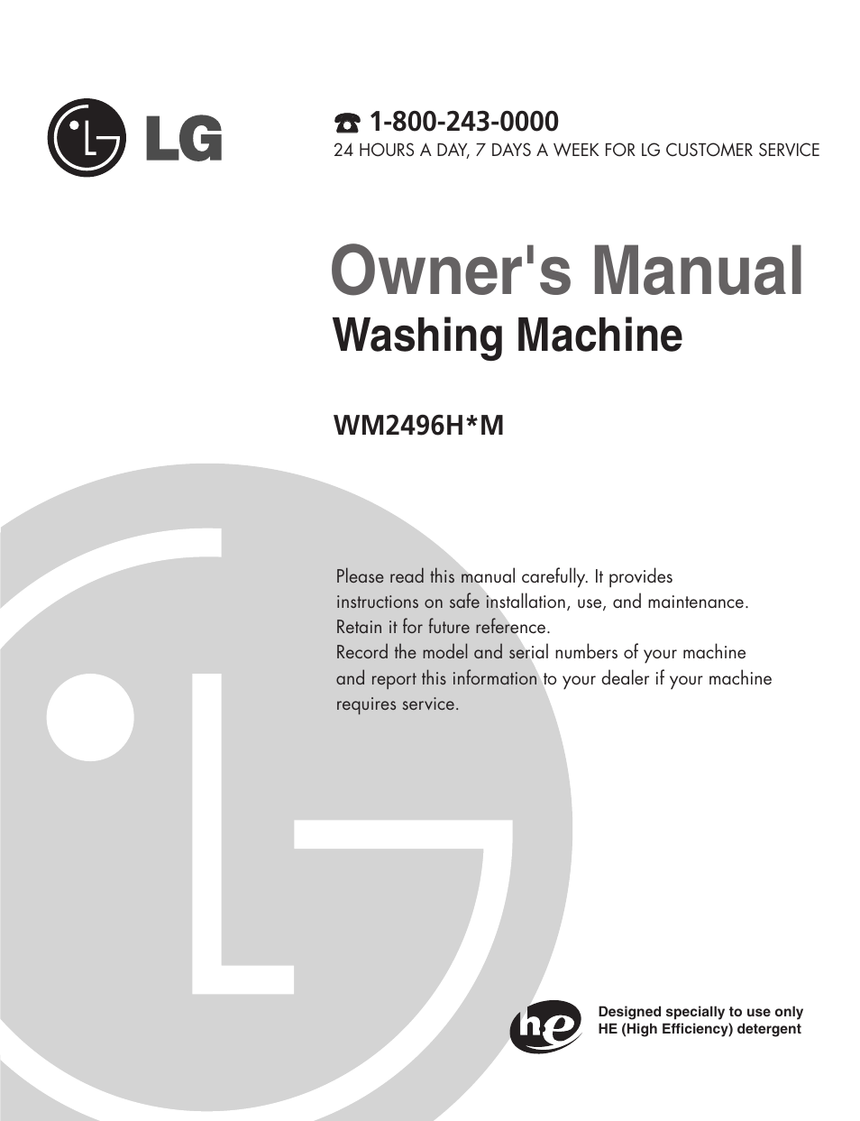 Owner's manual, Washing machine | LG WM2496HSM User Manual | Page 2 / 49