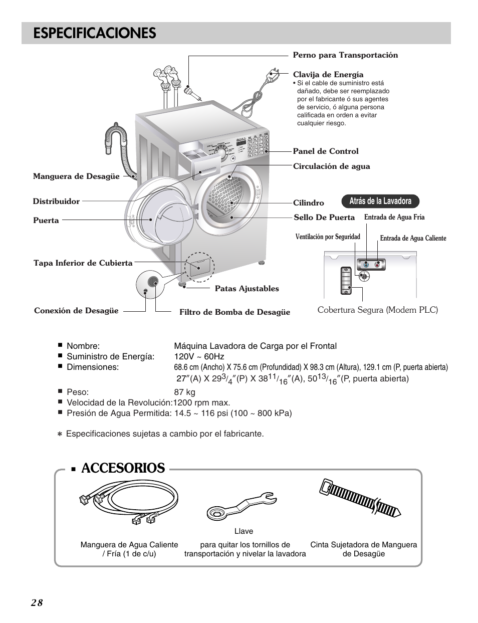 Especificaciones, Accesorios | LG WM2496HSM User Manual | Page 29 / 49