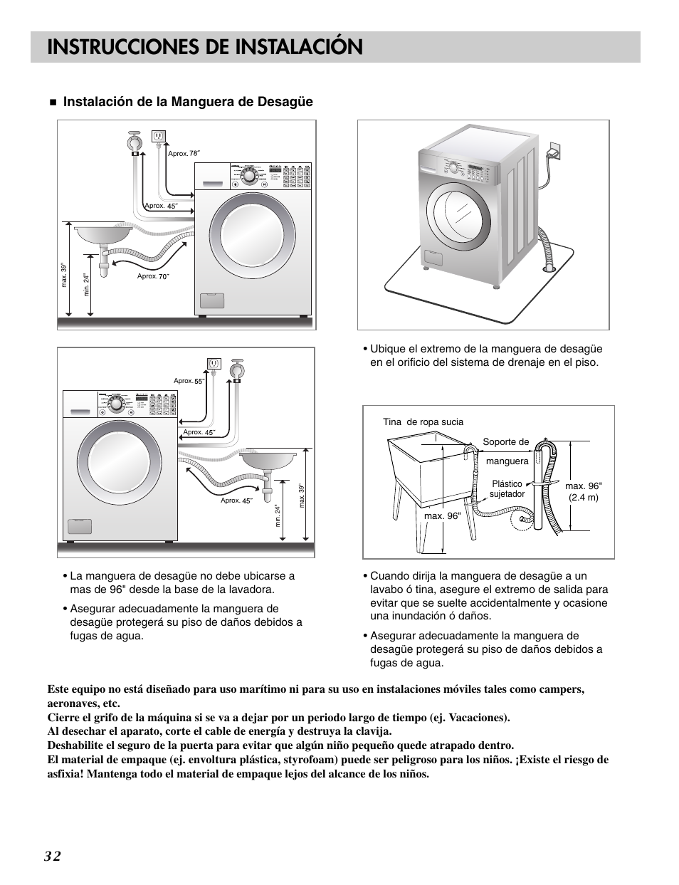 Instrucciones de instalación, Instalación de la manguera de desagüe | LG WM2496HSM User Manual | Page 33 / 49