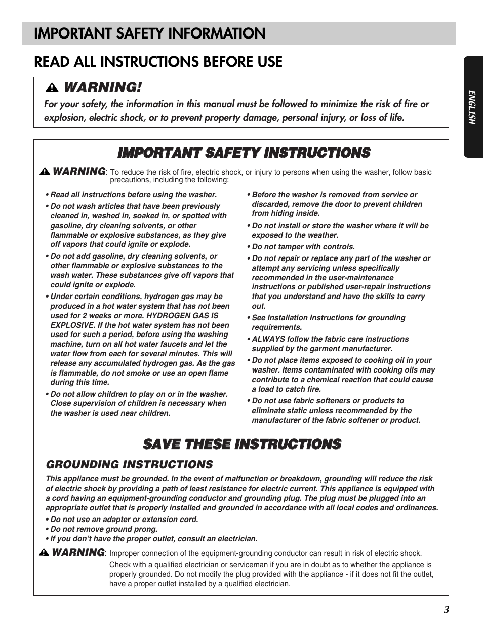 Important safety information, Read all instructions before use, Warning | LG WM2496HSM User Manual | Page 4 / 49
