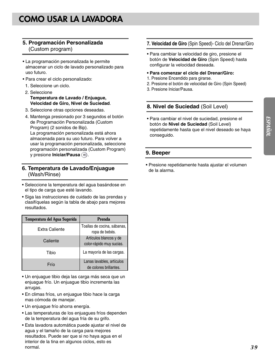Como usar la lavadora | LG WM2496HSM User Manual | Page 40 / 49
