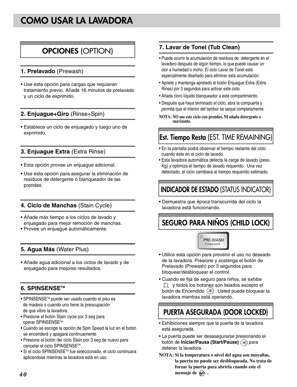 Como usar la lavadora, Indicador de estado (status indicator), Est. tiempo resta (est. time remaining) | LG WM2496HSM User Manual | Page 41 / 49