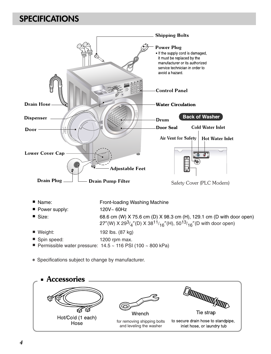 Specifications, Accessories | LG WM2496HSM User Manual | Page 5 / 49