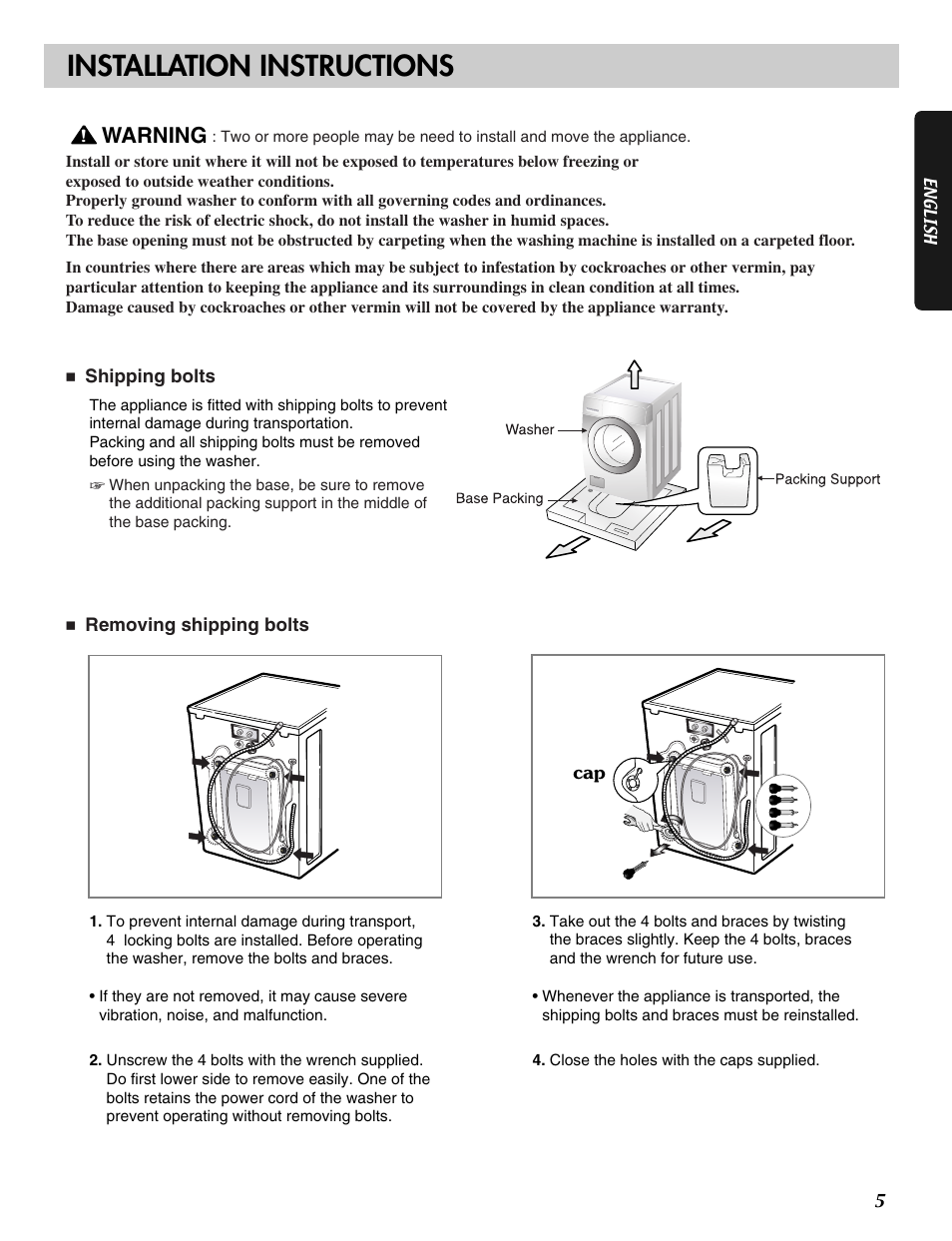 Installation instructions, Warning | LG WM2496HSM User Manual | Page 6 / 49