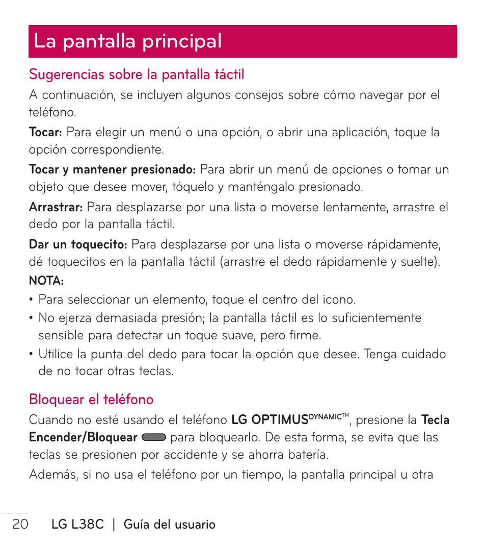 La pantalla principal | LG LGL38C User Manual | Page 107 / 180