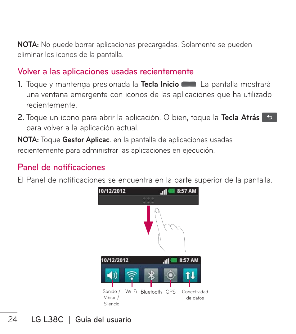 Volver a las aplicaciones usadas recientemente, Panel de notificaciones | LG LGL38C User Manual | Page 111 / 180