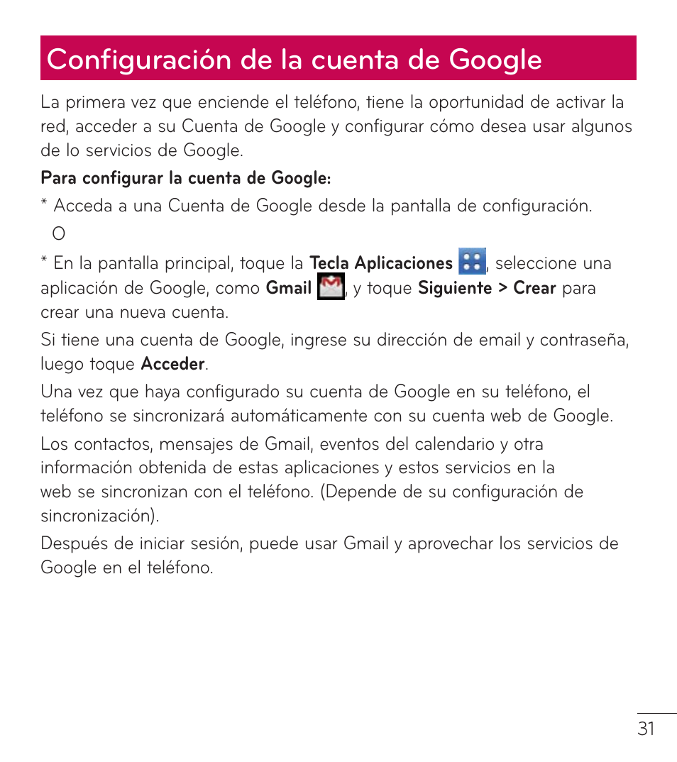 Conﬁguración de la cuenta de google | LG LGL38C User Manual | Page 118 / 180