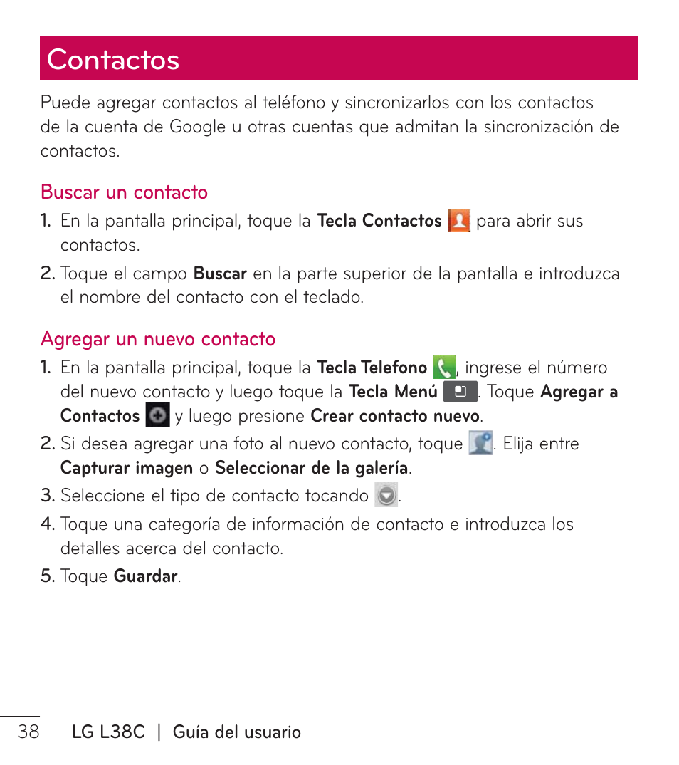 Contactos | LG LGL38C User Manual | Page 125 / 180