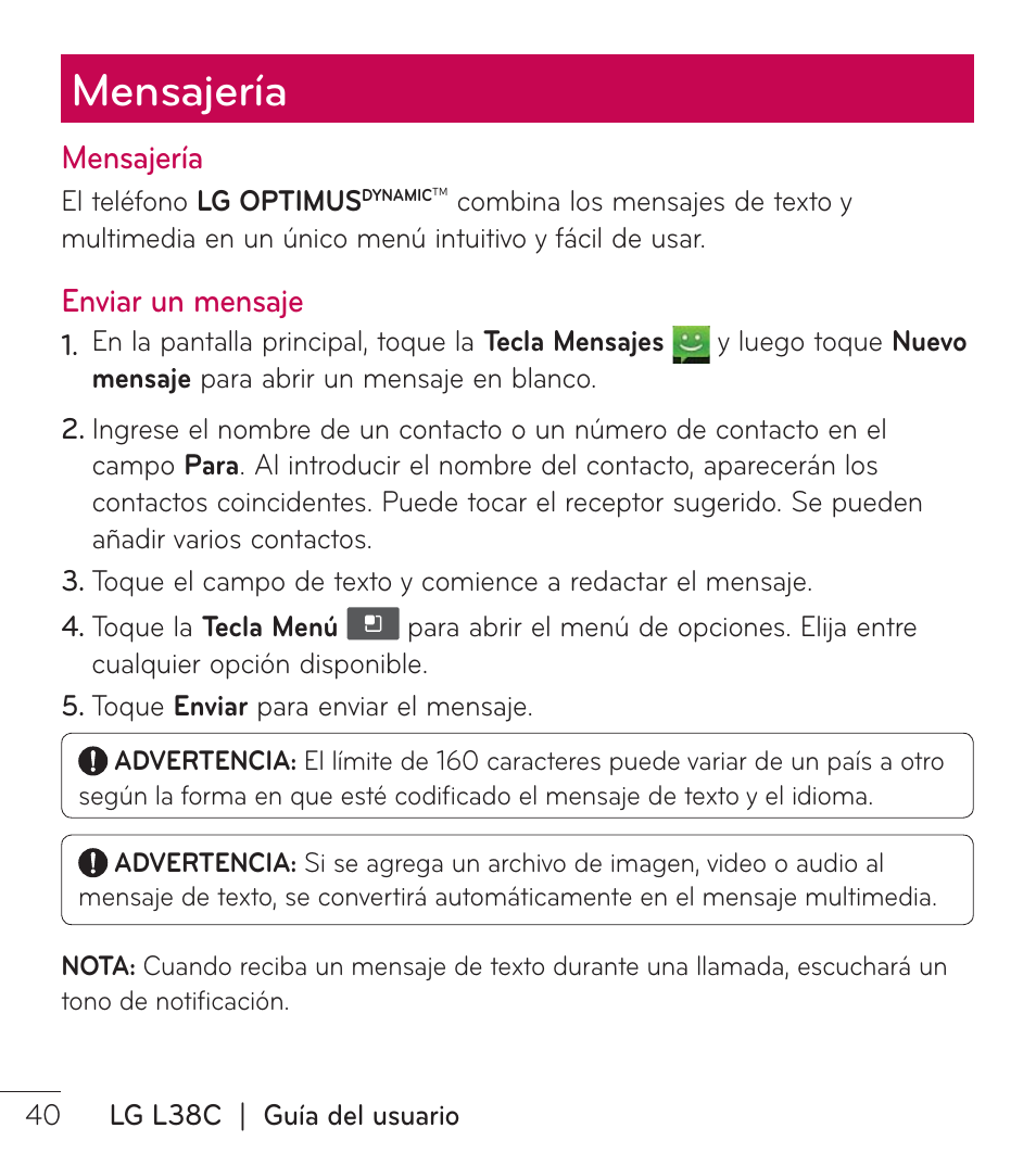 Mensajería | LG LGL38C User Manual | Page 127 / 180