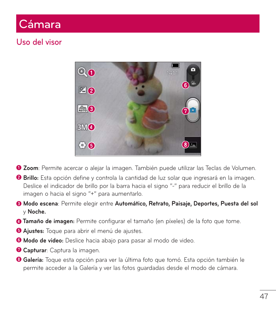 Cámara, Uso del visor | LG LGL38C User Manual | Page 134 / 180