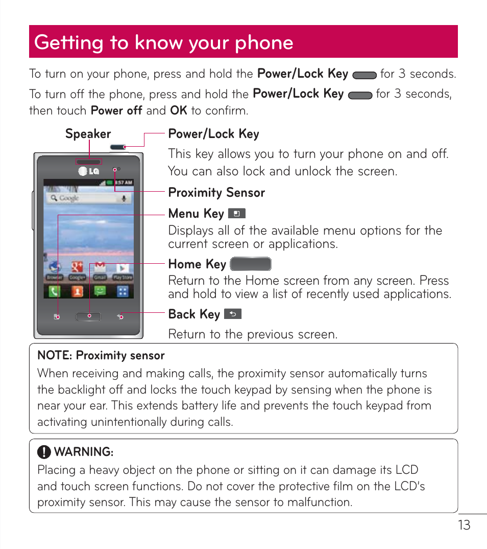 Getting to know your phone | LG LGL38C User Manual | Page 14 / 180