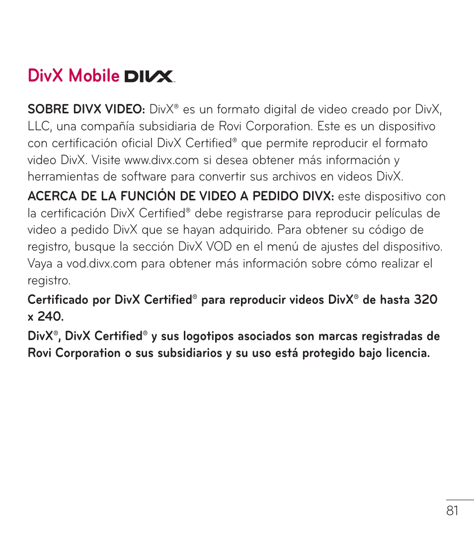 Divx mobile | LG LGL38C User Manual | Page 168 / 180
