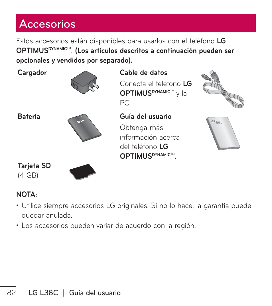 Accesorios | LG LGL38C User Manual | Page 169 / 180