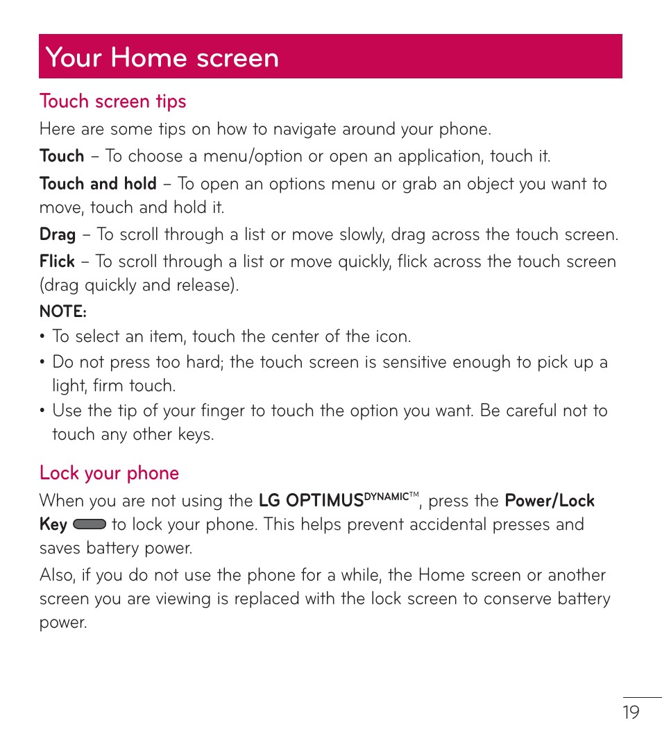 Your home screen | LG LGL38C User Manual | Page 20 / 180