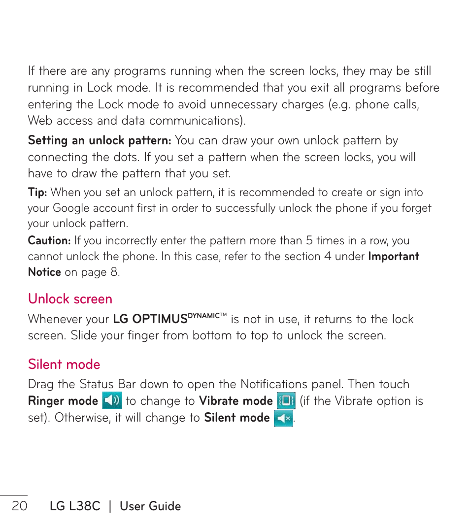 Unlock screen, Silent mode | LG LGL38C User Manual | Page 21 / 180