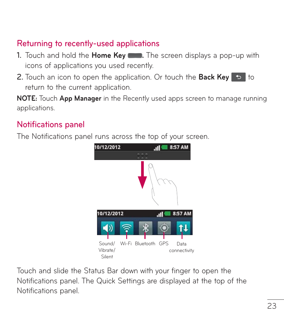 Returning to recently-used applications, Notifications panel | LG LGL38C User Manual | Page 24 / 180