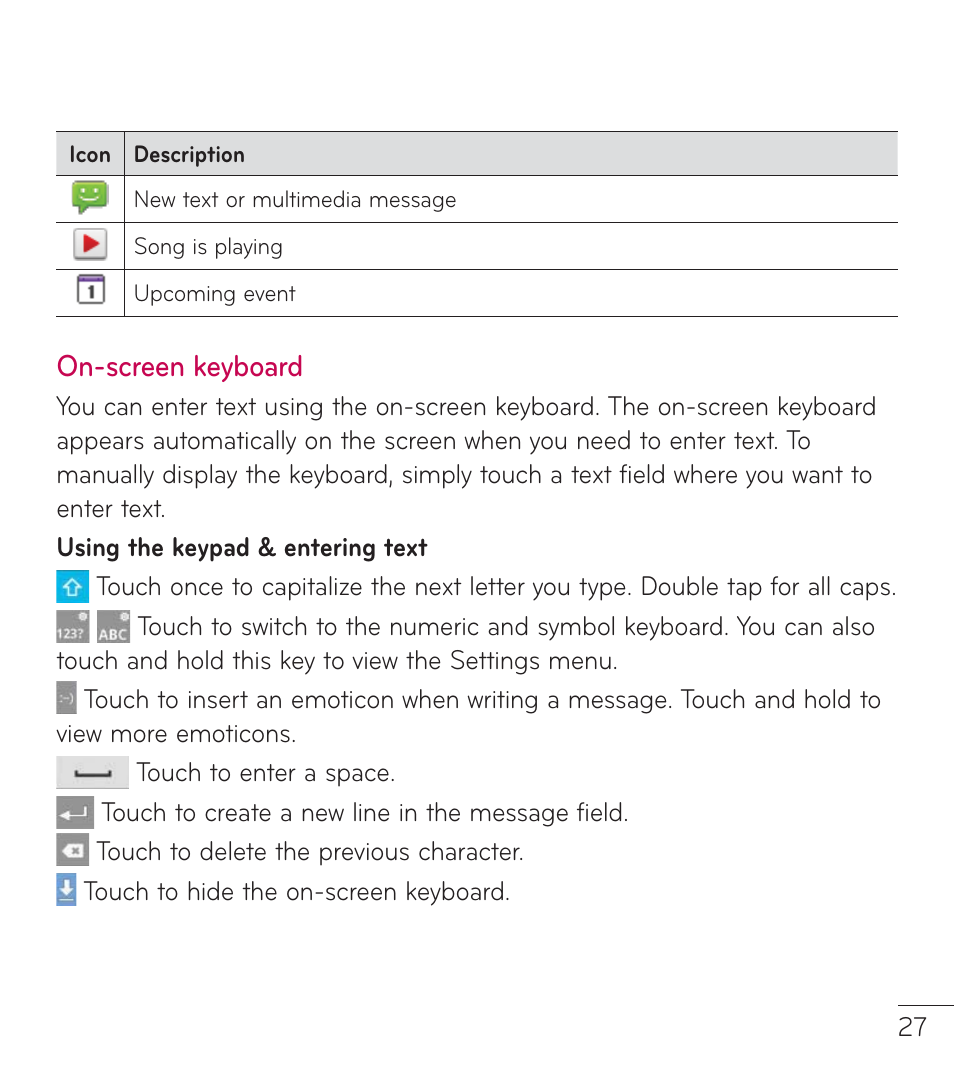 On-screen keyboard | LG LGL38C User Manual | Page 28 / 180