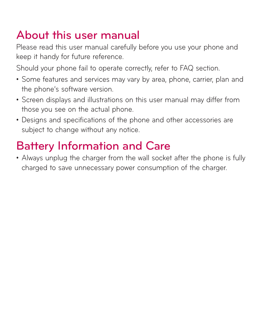 About this user manual, Battery information and care | LG LGL38C User Manual | Page 3 / 180