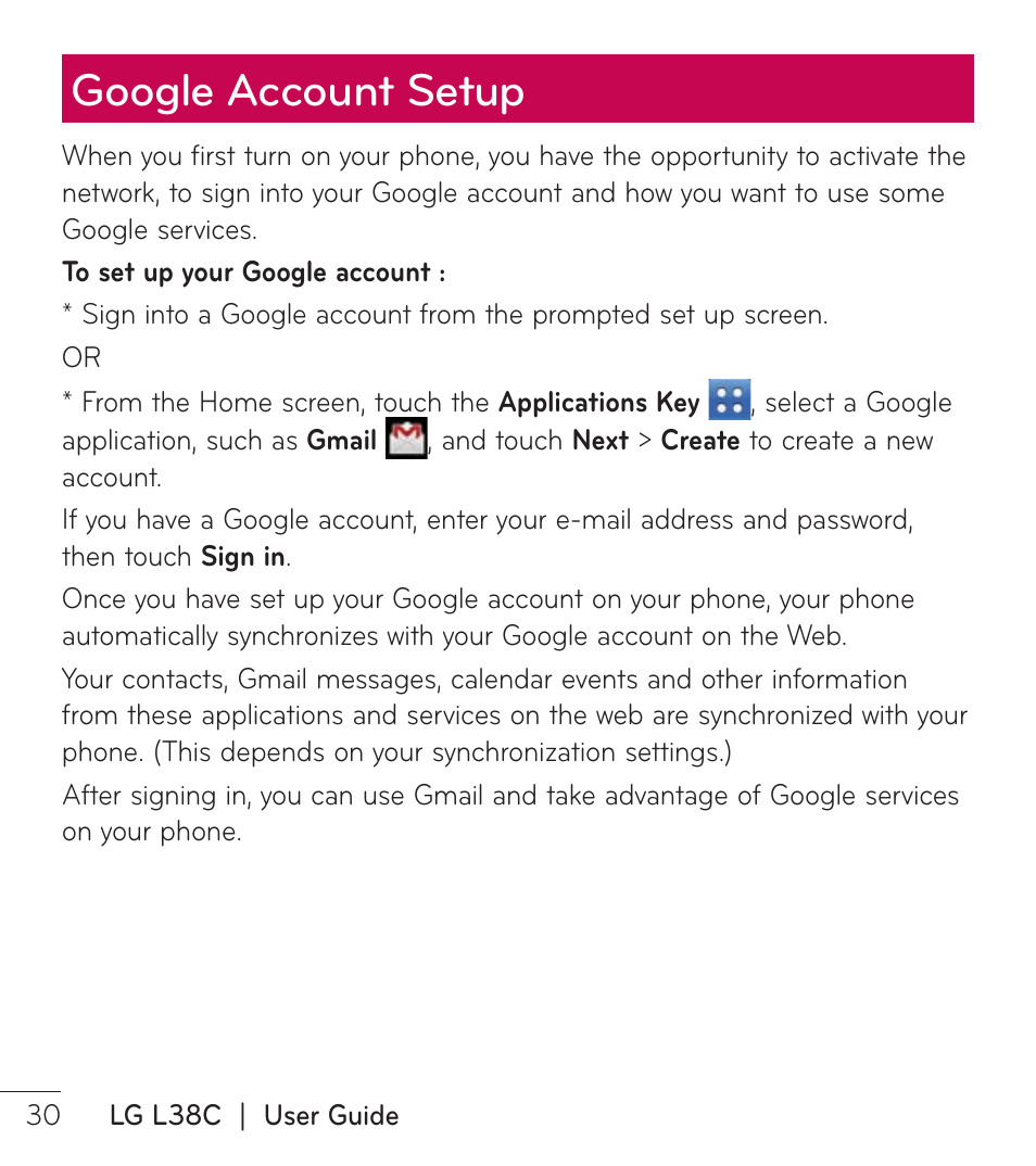 Google account setup | LG LGL38C User Manual | Page 31 / 180