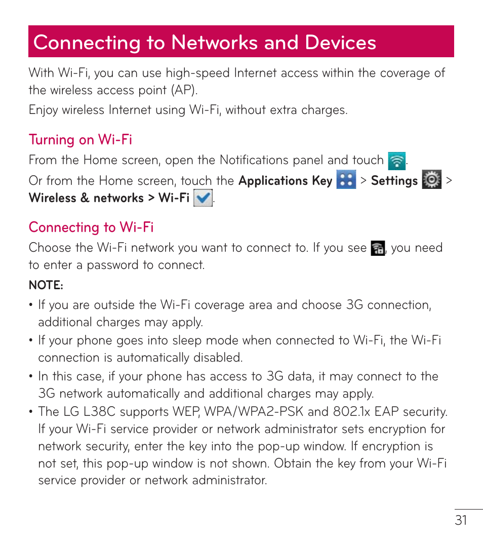 Connecting to networks and devices | LG LGL38C User Manual | Page 32 / 180