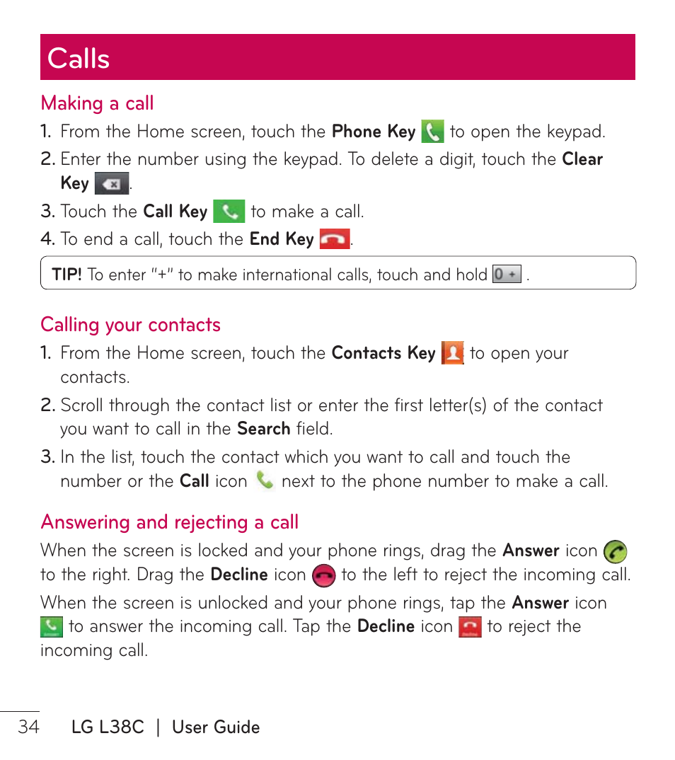 Calls | LG LGL38C User Manual | Page 35 / 180