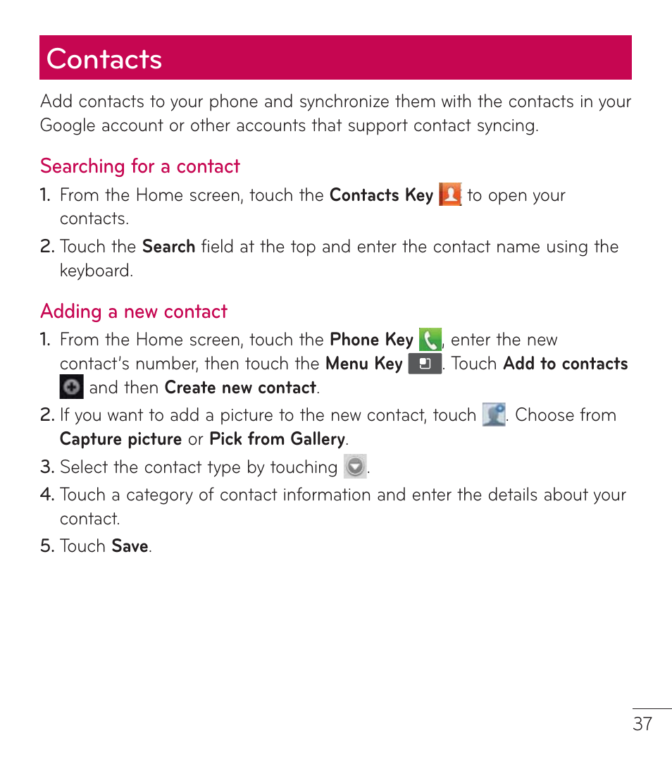 Contacts | LG LGL38C User Manual | Page 38 / 180