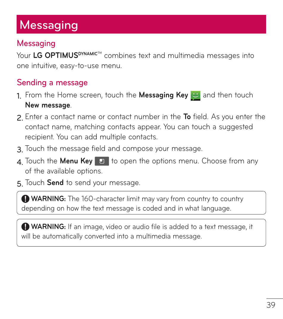 Messaging | LG LGL38C User Manual | Page 40 / 180