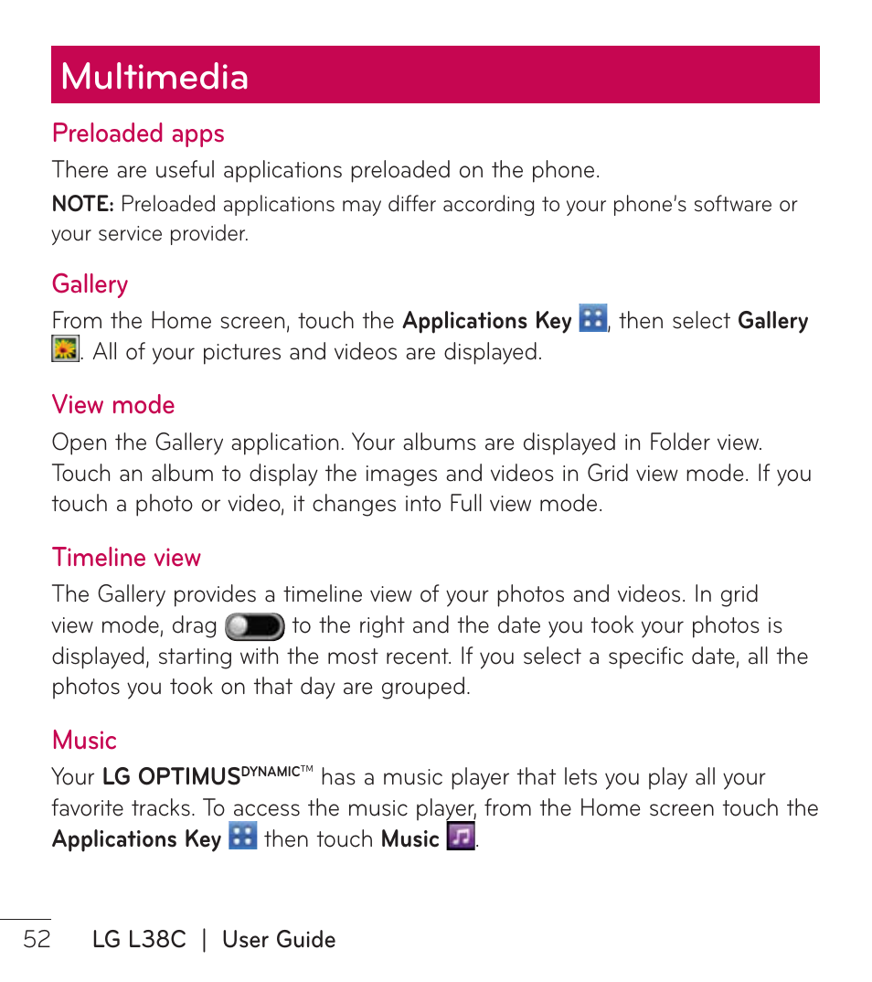 Multimedia | LG LGL38C User Manual | Page 53 / 180