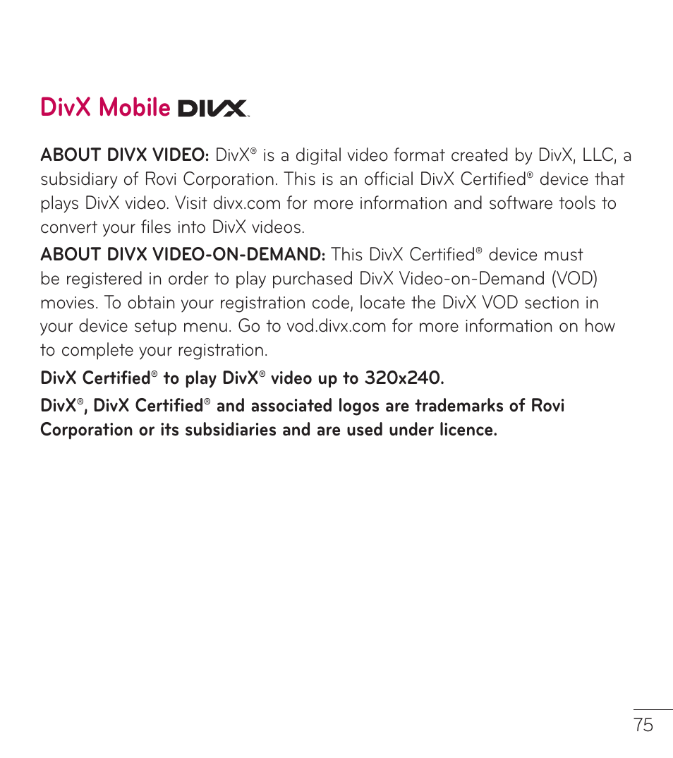 Divx mobile | LG LGL38C User Manual | Page 76 / 180