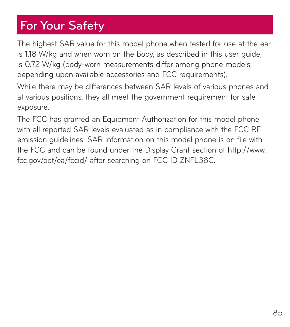 For your safety | LG LGL38C User Manual | Page 86 / 180