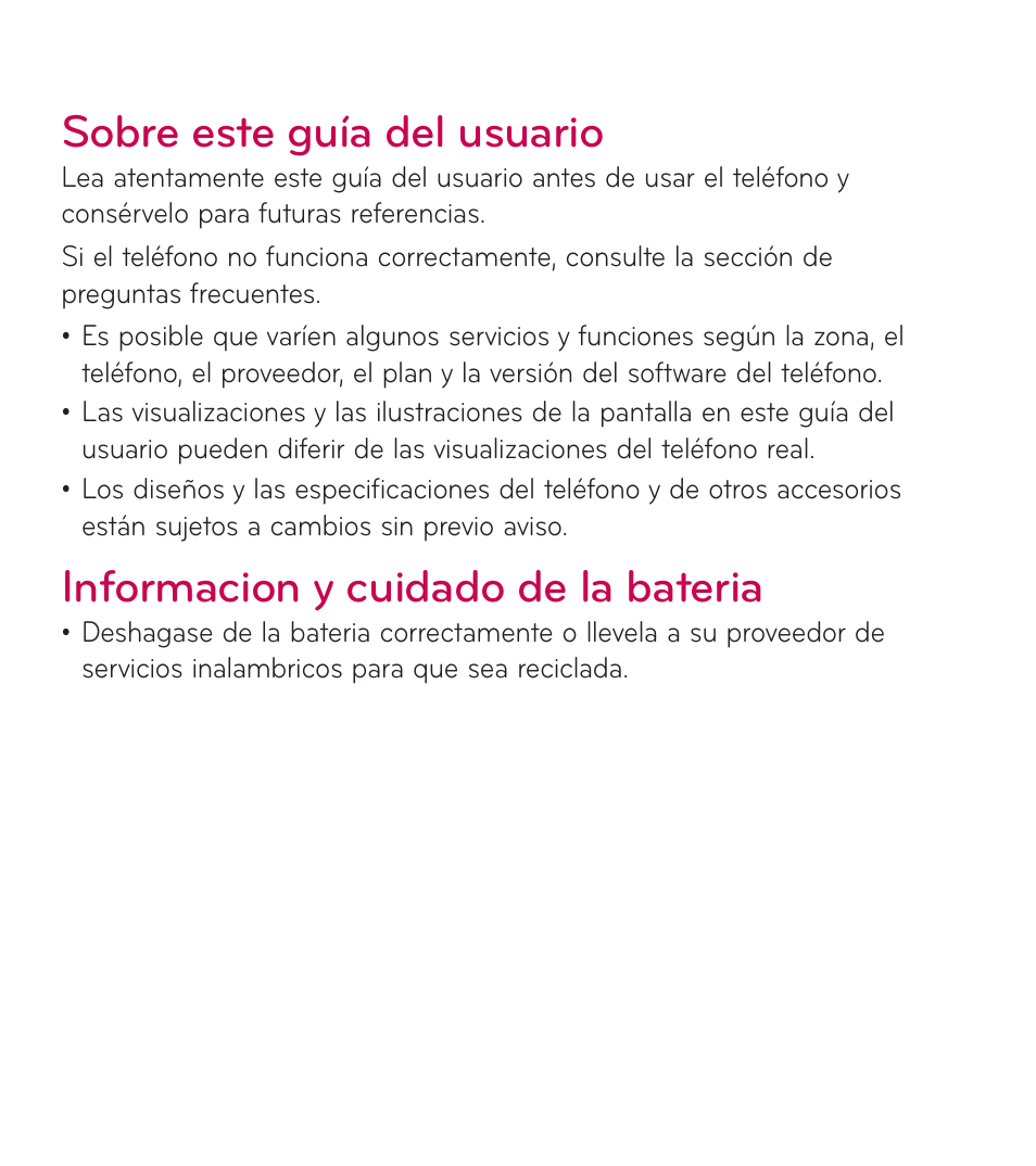 Sobre este guía del usuario, Informacion y cuidado de la bateria | LG LGL38C User Manual | Page 89 / 180