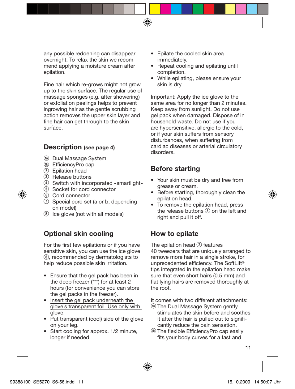 Description, Optional skin cooling, Before starting | How to epilate | Braun 5180 Silk-épil 5, Legs User Manual | Page 10 / 53