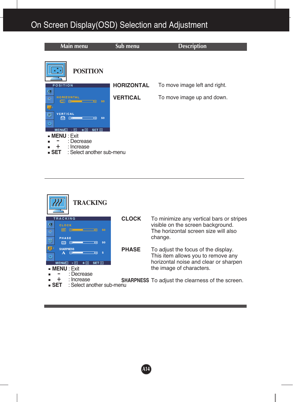 On screen display(osd) selection and adjustment | LG L222WT-BF User Manual | Page 15 / 24