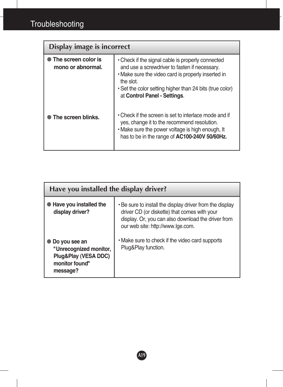 Troubleshooting | LG L222WT-BF User Manual | Page 20 / 24