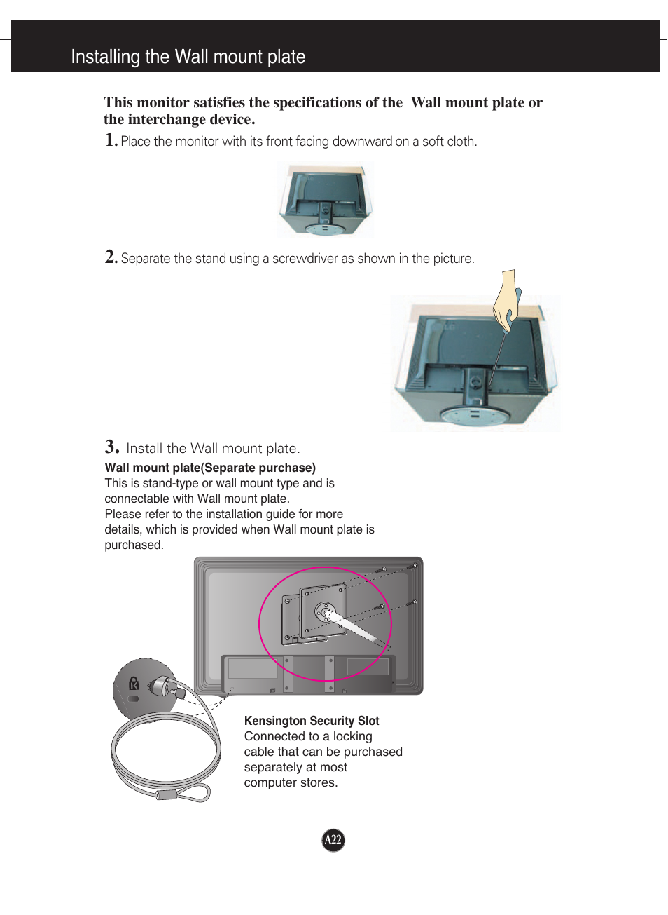 Installing the wall mount plate | LG L222WT-BF User Manual | Page 23 / 24