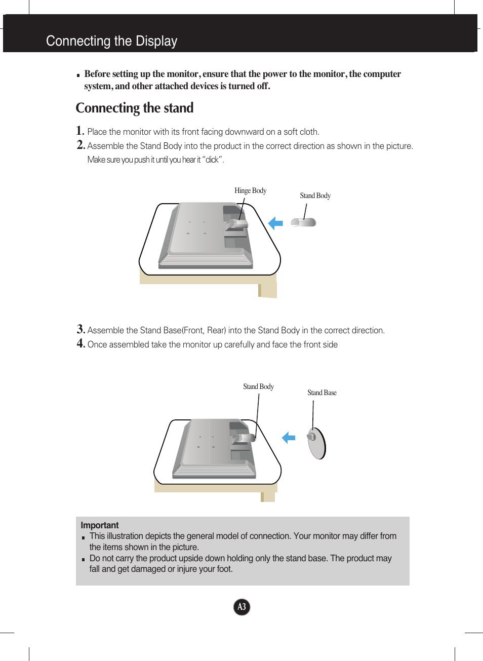 Connecting the display, Connecting the stand | LG L222WT-BF User Manual | Page 4 / 24