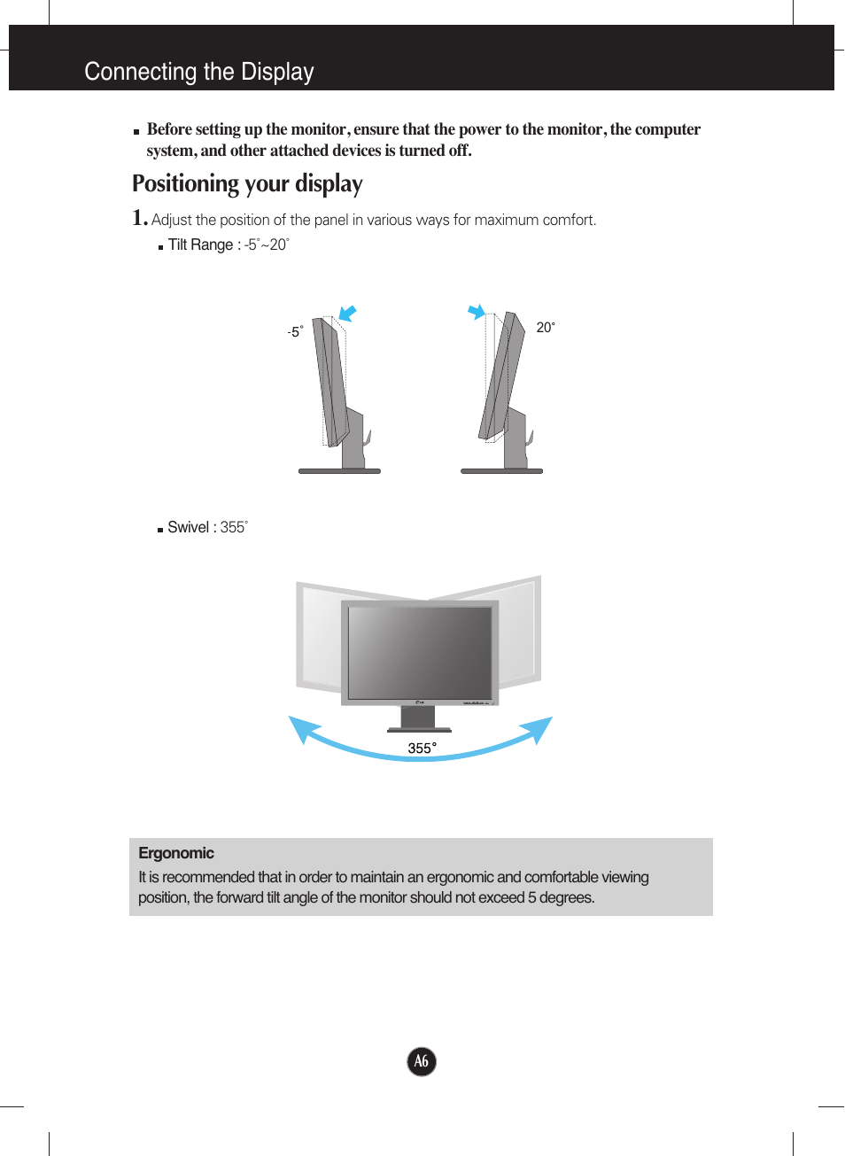 Connecting the display, Positioning your display | LG L222WT-BF User Manual | Page 7 / 24