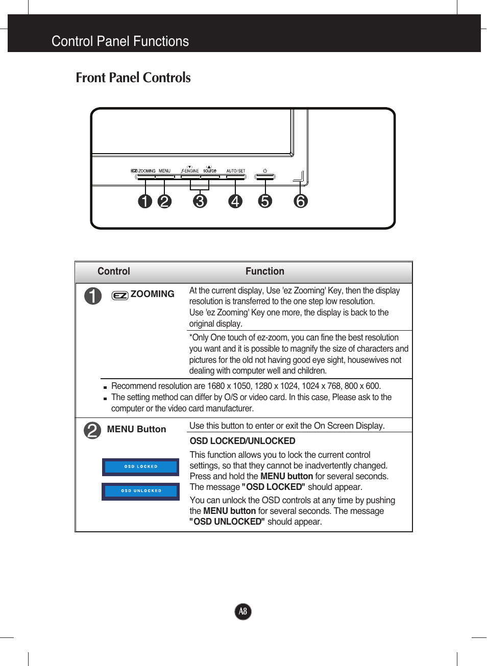 Control panel functions, Front panel controls | LG L222WT-BF User Manual | Page 9 / 24
