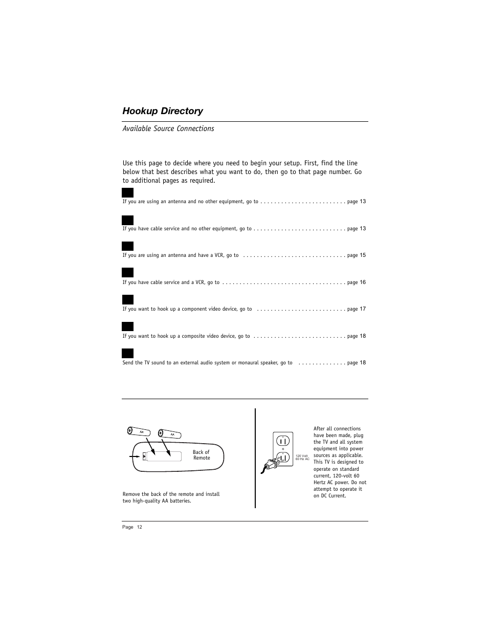 Hookup directory, Available source connections | LG DU-27FB34C User Manual | Page 12 / 62
