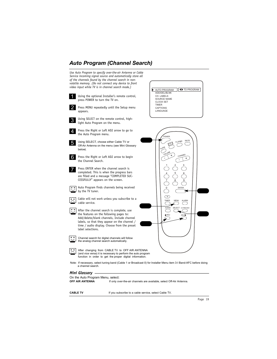 Auto program (channel search), Mini glossary | LG DU-27FB34C User Manual | Page 19 / 62