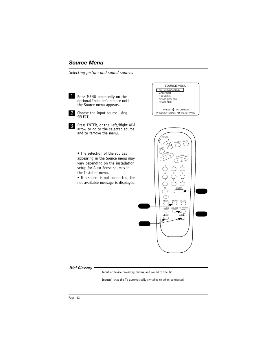 Source menu, Selecting picture and sound sources, Mini glossary | LG DU-27FB34C User Manual | Page 22 / 62