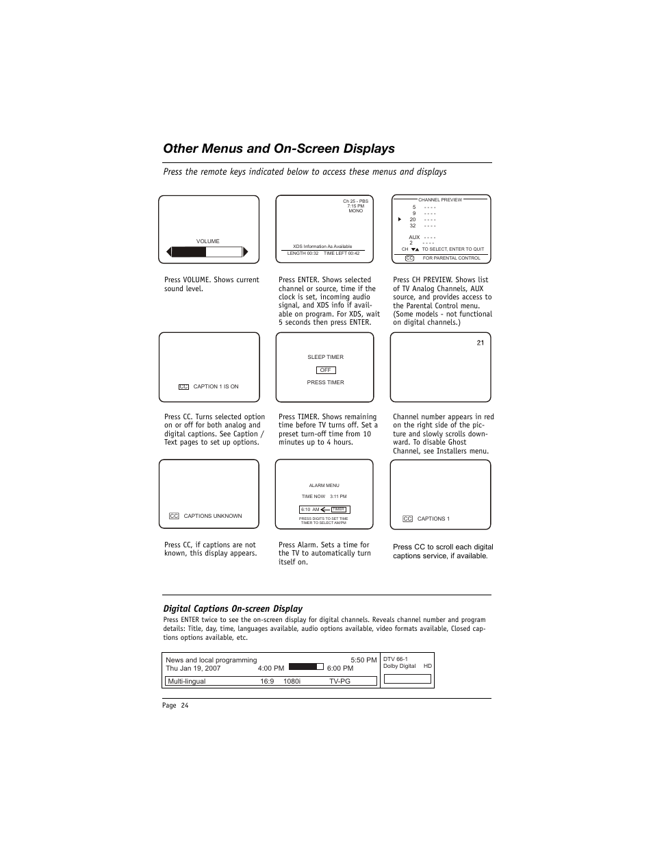 Other menus and on-screen displays, Digital captions on-screen display | LG DU-27FB34C User Manual | Page 24 / 62