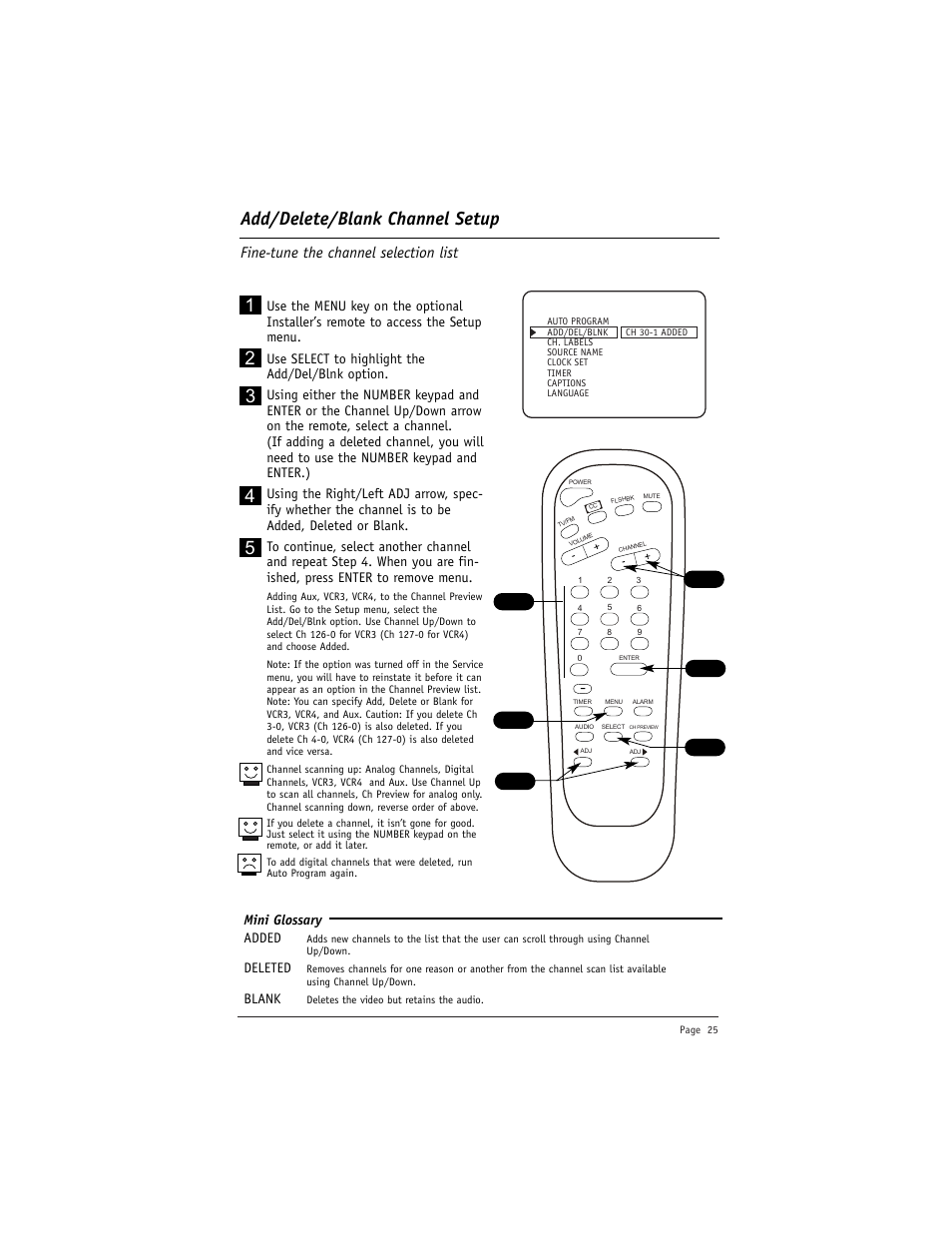 Add/delete/blank channel setup, Fine-tune the channel selection list, Mini glossary added | Deleted, Blank | LG DU-27FB34C User Manual | Page 25 / 62