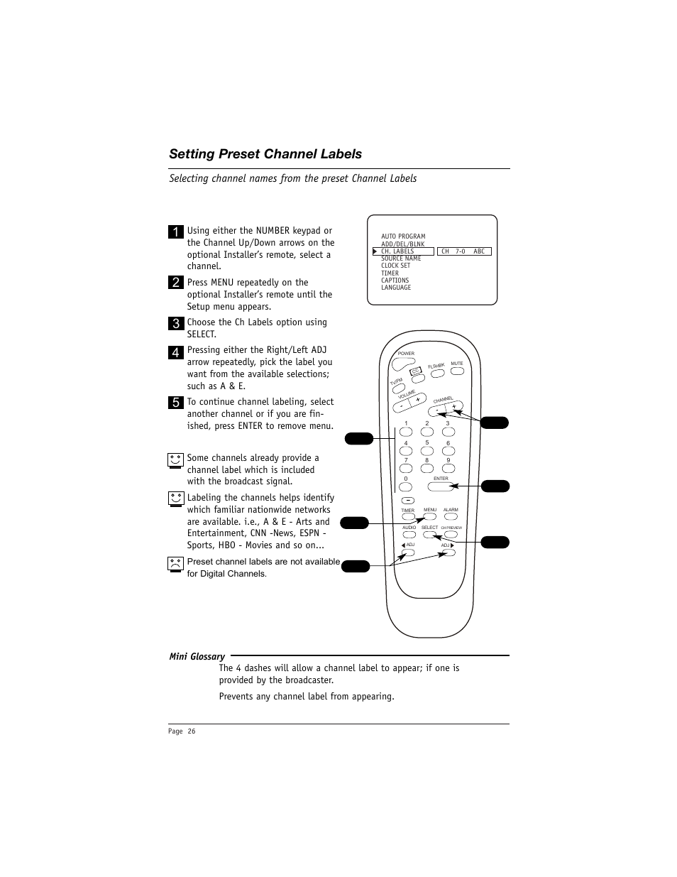 Setting preset channel labels | LG DU-27FB34C User Manual | Page 26 / 62