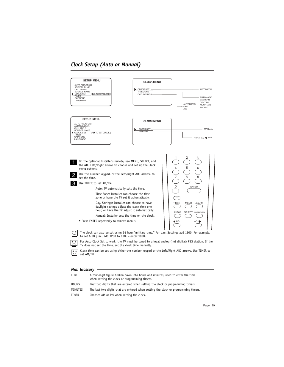 Clock setup (auto or manual), Mini glossary | LG DU-27FB34C User Manual | Page 29 / 62