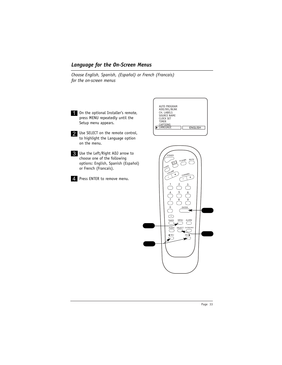 Language for the on-screen menus | LG DU-27FB34C User Manual | Page 33 / 62