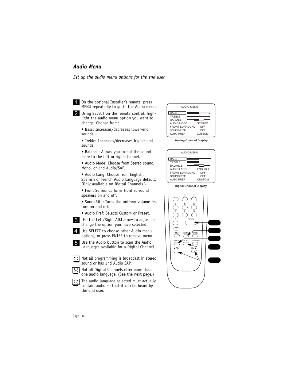 Audio menu, Set up the audio menu options for the end user | LG DU-27FB34C User Manual | Page 34 / 62