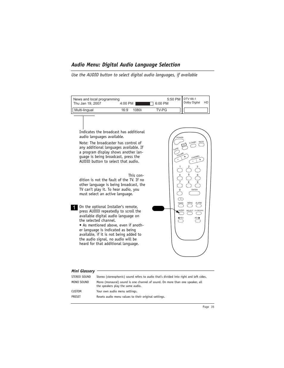 Audio menu: digital audio language selection, Mini glossary | LG DU-27FB34C User Manual | Page 35 / 62
